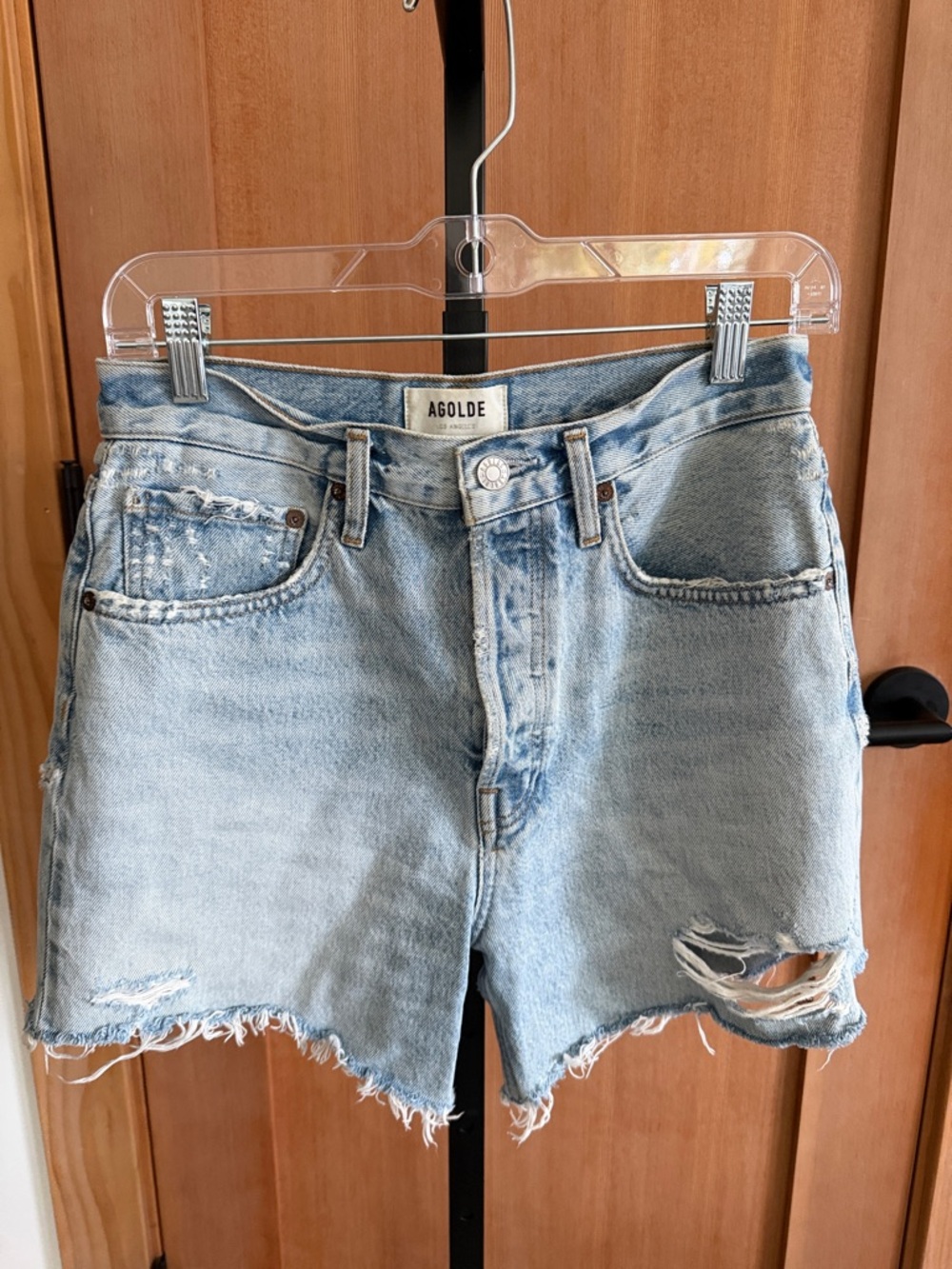 Agolde Riley Short Light Wash Distressed Denim Cutoff Shorts